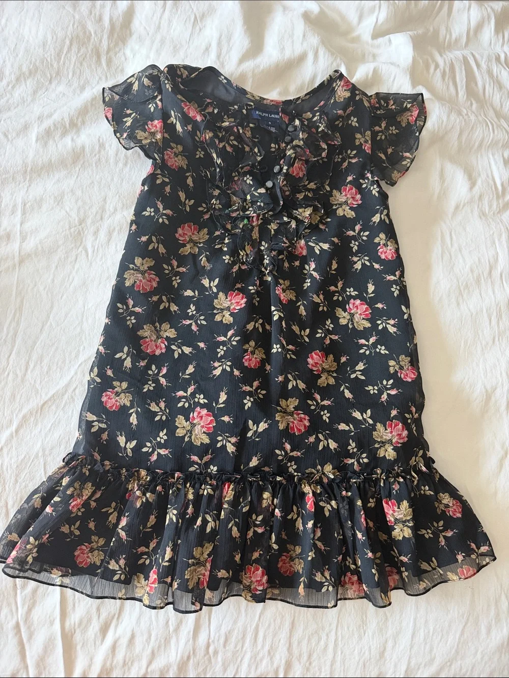 Ralph Lauren Black Floral Ruffle-Trim Dress